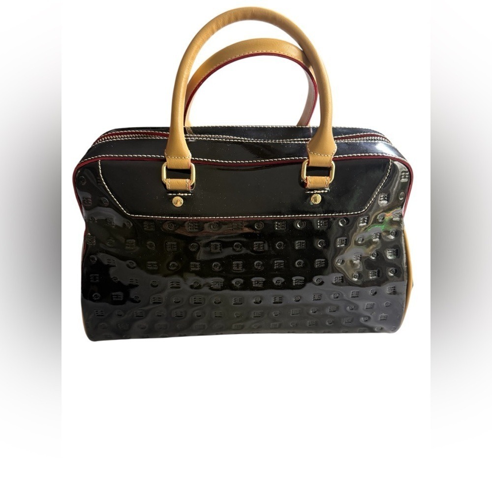 Arcadia Black Patent Satchel with Tan Handles and Red Trim